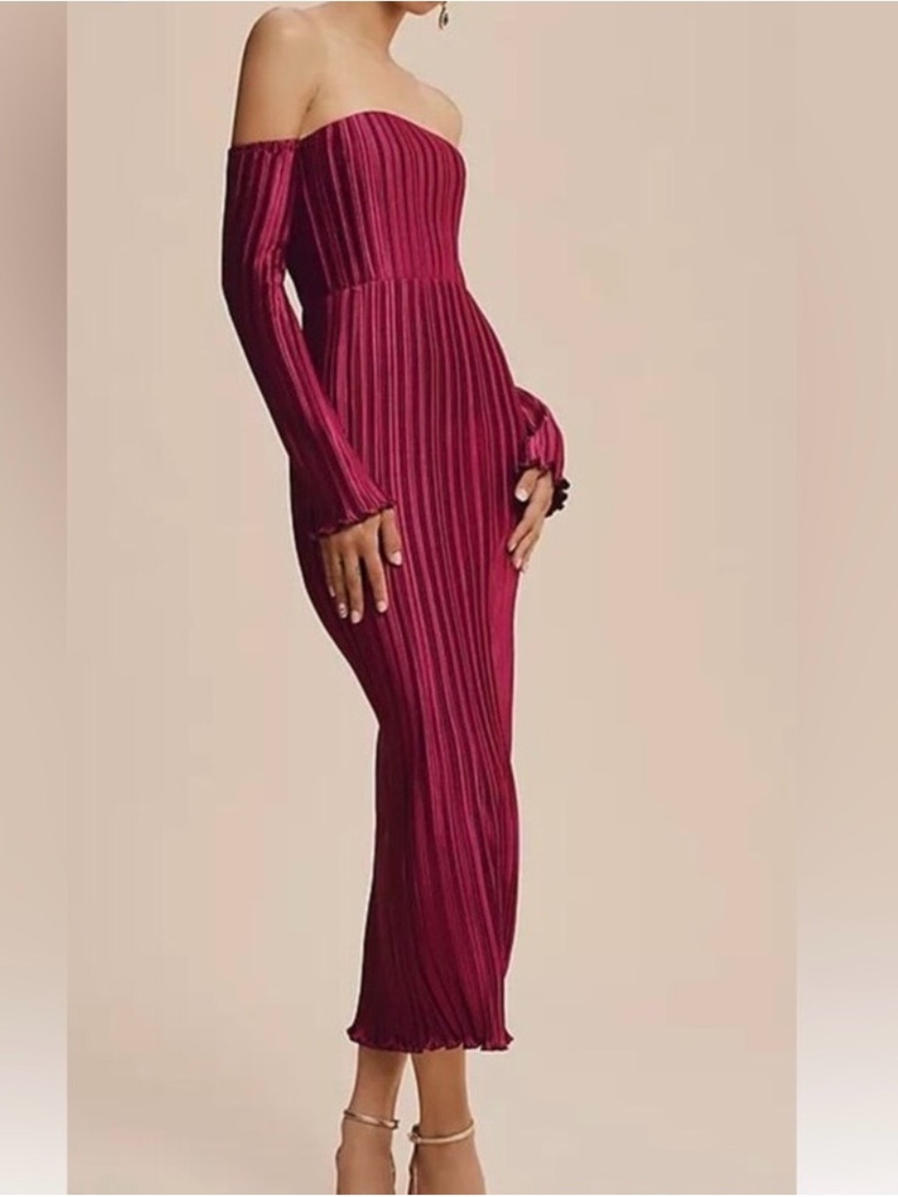 NWT L’IDÉE Off-Shoulder Ribbed Midi Dress in Wine